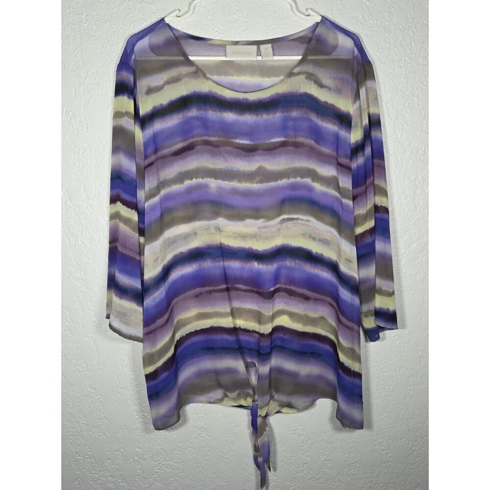 Chico's Blouse Top Sheer Chiffon Tie Hem Artsy Abstract Purple Size 4